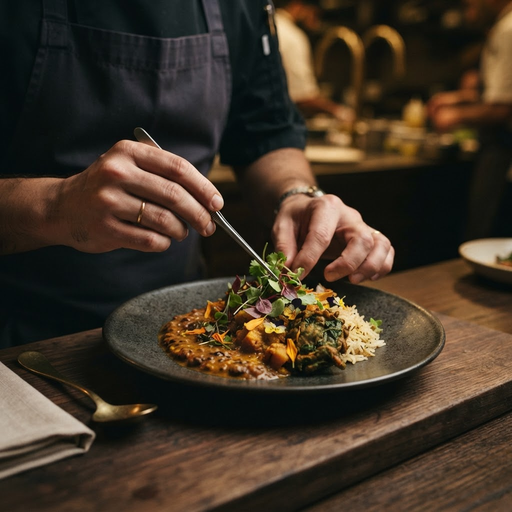 A Kaizen Diners chef plating a vegetarian dish with fresh herbs